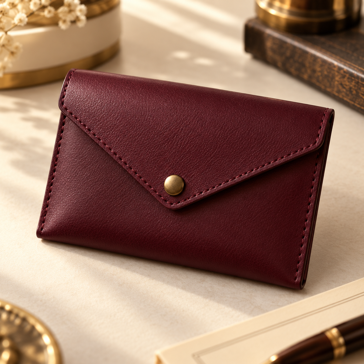 Envelope Burgundy Card Case — original AI-generated design visualisation
