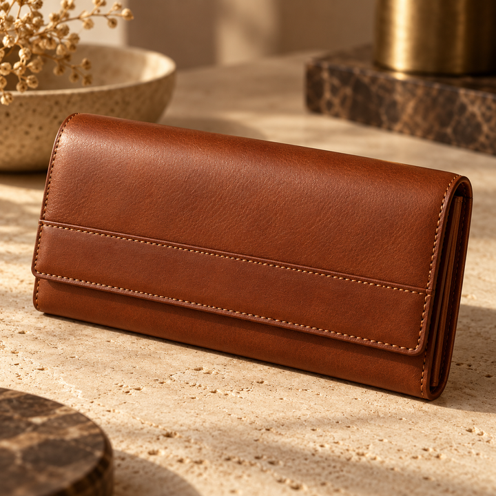 Horizon Cognac Long Wallet — original AI-generated design visualisation